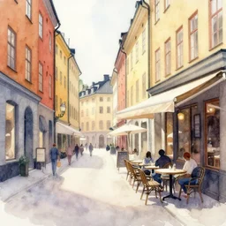 abstract watercolor painting of stockholm street, summer, magical and traditional, cinematic light, cafe, sharp shadows, daylight, national romanticism by anders zorn, by greg rutkowski, by greg manchess