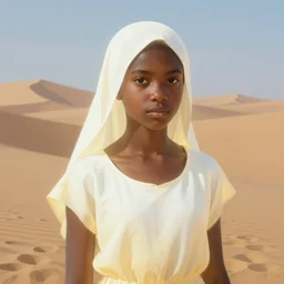 full figure dark skin young girl, luminous scene, by greg rutkowski and alphonse mucha, d & d character, gradient white to gold, in front of a dune desert background, highly detailed portrait, digital painting, artstation, concept art, smooth, sharp focus illustration, artstation hq