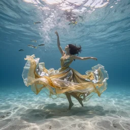 a woman in the distance is dancing and whirling underwater on the sandy sea bottom while wearing a dress made of many very long layers of thin sheer gold and silver fabrics flowing in the fast current, swirling schools of silver fish, bubbles, swirling smoke shapes, octane render, bright caustics lighting from above, cinematic