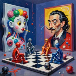 an extremely high quality hd surrealism painting of a 3 d perspective neon complimentary - colors cartoon surrealism melting sculpture gallery zaha hadid biological anatomical chess players by a much more skilled version of kandinskypicasso and salvia dali the fourth, salvador dali's much much much more talented painter cousin, 8 k, ultra realistic, very realistic, nerves, veins, zoomed in