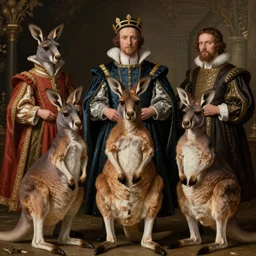 Renaissance portrait painting of 5 kangaroos in royal clothing, fantasy art, illustration, epic, fantasy, hyper detailed, artstation, smooth, sharp focus