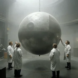 scientists examining a large floating perfectly spherical cube in a foggy bunker, twin peaks, by albert bierstadt