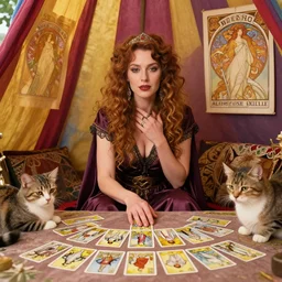 Caucasian fortune teller lady with curly hair, a spread of tarot cards on a table, cats on her side, in a colorful tent, Alphonse Mucha poster ,