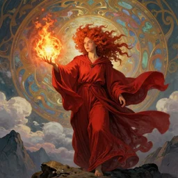 a mage casting a fireball, ginger afro with freckles inspired by annie, face like daenerys, wearing long flowing red robes blowing in the wind inspired by alphonse mucha, standing on a mountain top, epic clouds and godlike lighting, intricate illustration and highly detailed digital painting. concept art by artgerm and larry elmore.