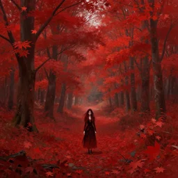 autumn landscape with red trees, a girl with with hair becoming bloody fanged vampire autumn red leaves, intricate, dreamy, digital painting, artstation, concept arti, unreal engine 5, 8 k, art by artgerm and greg rutkowski and alphonse mucha