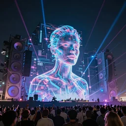 hyper-futuristic hologram dj rave from the future. huge music festival. gigantic speakers with lasers and lights. photorealistic 35mm 4k