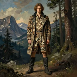 cloth fabric jodhpurs knee high boots travel coat fashion, solo hiking in mountains trees, greg manchess painting by sargent and leyendecker, studio ghibli, fantasy, asymmetrical, intricate, elegant, matte painting, illustration, hearthstone, by greg rutkowski, by greg tocchini, by james gilleard, by joe fenton