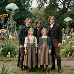 sharp, highly detailed, 36864k film, 175000mm film still from a sci fi blockbuster color movie made in 2019, set in 1860, of a family standing in a park, next to some strange alien plants and flowers, on an alien planet, the family are all wearing 1860s era clothes, good lighting, enhanced faces, 7000mm f/2.8L lens