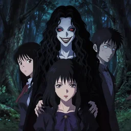 makoto shinkai, yoji shinkawa, ilya kuvshinov, rumiko takahashi, pretty woman vampire, sharp teeth, evil smile, symmetrical eyes, symmetrical face, long curly black hair, trees, forest, night, scary, blood