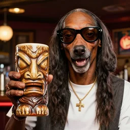 a closeup photorealistic photograph of happy snoop dogg at trader vic's bar holding up a trader vic's tiki mug featuring the face of snoop dogg on the front. brightly lit scene. this 4 k hd image is trending on artstation, featured on behance, well - rendered, extra crisp, features intricate detail, epic composition and the style of unreal engine.