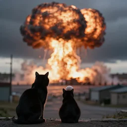old manwith black cat watching nuke explosion cinematic, background blur bokeh, world ending nuke, 4 k