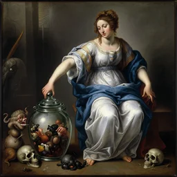 a painting of pandora opening her jar, releasing critters that impersonate sickness and death by artemisia gentileschi, she is dressed