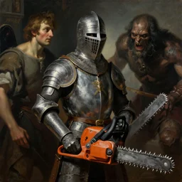 portrait, realistic painting image about a templar knight has a chainsaw, versus a monster. dramatic scene, horror, dramatic lighting realism, created by gustave courbet and michaelangelo, trending in artstation, fine art, smooth draw with oil painting.