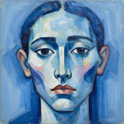 chaotic expressionism painting of a face, blue color palette