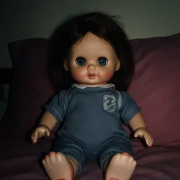Creepy doll in a bedroom staring at viewer, night, grainy photograph