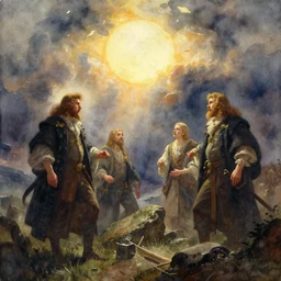 watercolor painting of scandinavian mythology, magical, ambient lighting, art by hans gude, art by hans dahl, by jesper ejsing, art by anders zorn, wonderful masterpiece by greg rutkowski, cinematic light, american romanticism by greg manchess, creation by tyler edlin, heavy clouds and sun