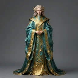 full body shot oversized detailed teal and gold wizard robes, elegant masterpiece matte painting, highly detailed realistic intricate, high fantasy, angelic soft face, style of tom bagshaw, cedric peyravernay, peter mohrbacher, louis comfort tiffany, victo ngai