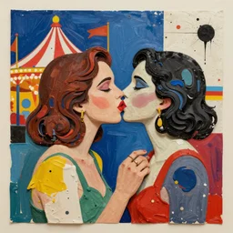 two women kissing at a carnival in your worst nightmares, mixed media collage, retro, paper collage, magazine collage, acrylic paint splatters, bauhaus, abstract claymation, layered paper art, sapphic visual poetry expressing the utmost of desires by jackson pollock
