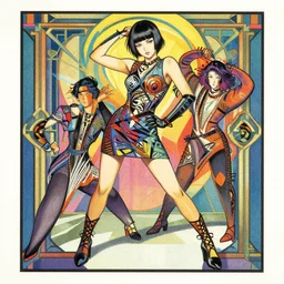 ( ( dither ) ), editorial illustration full body portrait of kyary pamyu pamyu posing, dynamic pose, modern art deco, colorful, ( ( mads berg ) ), christopher balaskas, victo ngai, rich grainy texture, detailed, dynamic composition, wide angle, matte print, moebius