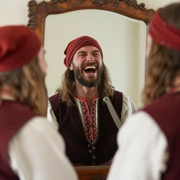 Polish highlander laughing maniacally at the sight of a mirror