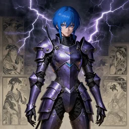 composition of gothic and futuristic young mainem, cyber japanstyle armor, scars, thunderstorm, blue head, purple, the middle ages, highly detailed, artstation, in the style of moebius, jugendstil and classic japanese print, art by peter mohbacher, gerald brom