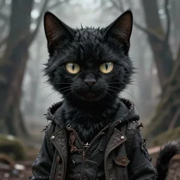 tim burton style portrait of an anthropomorphic male black tabaxi cat furry fursona, handsome eyes, wearing dark grungy clothing, modern gritty animation style