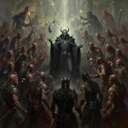 a painting of a large crowd of demons, the dark lord standing in the middle, magic, a detailed matte painting by chris rahn and gustave dore, featured on cgsociety, fantasy art, apocalypse art, apocalypse landscape, matte painting, soft lighting
