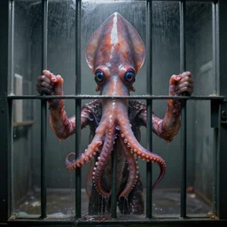 a perfect portrait of a human squid hybrid in a jail cell. the creature is pressed flat against glass. the fleshy wet tentacles are squeezed until they burst. thick glycerin showers over the scene.