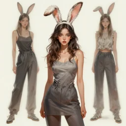 An beautiful digital painting of a casually clothed woman wearing large bunny ears, detailed hair, detailed fur, bunny girl, by Stanley Artgerm Lau, WLOP, Rossdraws, James Jean, Andrei Riabovitchev, Marc Simonetti, and Sakimichan, tranding on artstation, she is wearing CLOTHES. DRESS. PANTS. CASUAL CLOTHING.