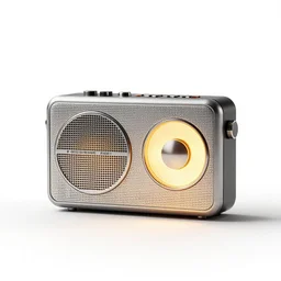 glowing portable radio, stylized 3d render, isolated on a pure white background, centered, entire object in frame, sharp focus, soft studio lighting