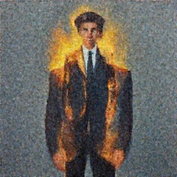a hyper realistic painting of a calm young man in a burning business suit, his clothes is burning, full body painting, long shot, coherent symmetrical eyes, by jeffrey smith, by andrea kowch, by steve henderson, masterpiece, trending on artstation,