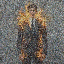 a hyper realistic painting of a calm young man in a burning business suit, his clothes is burning, full body painting, long shot, coherent symmetrical eyes, by jeffrey smith, by andrea kowch, by steve henderson, masterpiece, trending on artstation,