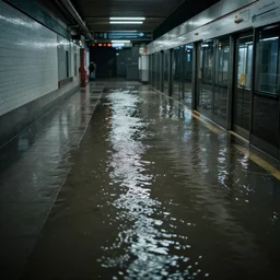 photo of a subway station, the floor is flooded with one meter deep water. eerie, volumetric lighting