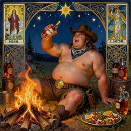 a dramatic, epic, ethereal painting of a (!!!!!!handsome!!!!!!) thicc chunky beefy mischievous shirtless man with a big beer belly wearing a large belt and bandana offering a whiskey bottle | he is a cowboy relaxing by a campfire | background is a late night with food and jugs of whisky | homoerotic | stars, tarot card, art deco, art nouveau, mosaic, intricate | by Mark Maggiori (((and Alphonse Mucha))) | trending on artstation