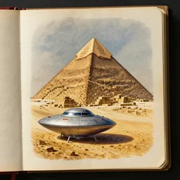 an old journal page with a rich illustration of a ufo laying blocks of a half-built Pyramid of Giza