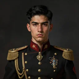 portrait of stoic looking young peruvian soldier, military uniform, black hair, thick eyebrows, fantasy, intricate, elegant, highly detailed, centered, dark, smokey, digital painting, artstation, concept art, smooth, sharp focus, illustration, art by artgerm and greg rutkowski and alphonse mucha
