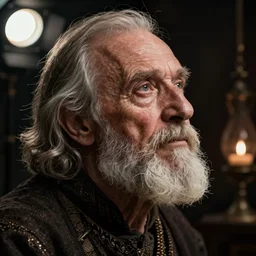 portrait of an old, medieval alchemist in the dark, he is looking into the distance thoughtfully!!. close up, leaning head, studio lighting bright ambient lighting key light, fantasy, detailed, photorealistic portrait by michael komarck, greg rutkowski, victo ngai, artgerm and j. dickenson