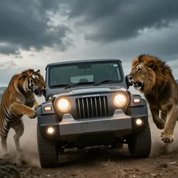 Mahindra thar, headlights turned on, tigers and lions attacking, chasing action scene, an epic fantasy, dramatic lighting, cinematic, establishing shot, extremely high detail, photorealistic, cinematic lighting, matte painting, artstation, by simon stalenhag, horizon forbideen west