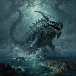 a fractal leviathan rising from the sea over a small costal town, 8 k, detailed, unreal, eldritch, horror, ocean, kraken, viking, lovecraft, painting