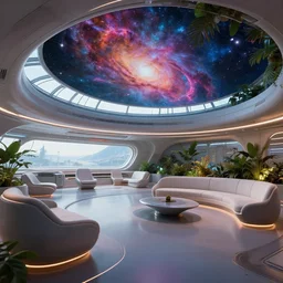 ultra modern concept design of a vast spaceship interior, futuristic chairs and sofas can be seen in the foreground, a large colorful nebula can be seen from a window, large plants in the background, in the style of Guardians of the Galaxy and Blade Runner and Ruan Jia, wide angle shot C 8.0