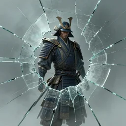 a highly detailed illustration of shattered glass picture with hole showing lone samurai, intricate, elegant, highly detailed, centered, digital painting, artstation, concept art, smooth, sharp focus, league of legends concept art, wlop.