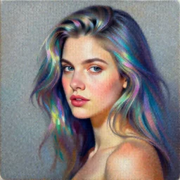 a half painting half photo of a woman with iridescent hair