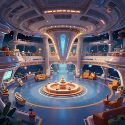 the main lobby on a large cruise spaceship, from a space themed point and click 2 d graphic adventure game, art inspired by thomas kinkade, cgi