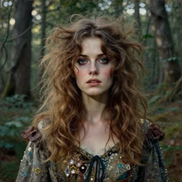 a beautiful and eerie baroque painting of a gorgeous young woman who looks like shirley henderson, with wild hair and haunted eyes, 1 9 7 0 s, woodland, afternoon light, mixed media embellishments