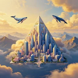 symmetrical post - minimalism landscape of a magical triangle city bird's eye view, sky whales, golden clouds, mountain range, vibrant gamer color scheme, highly detailed, in the style of romanticism, cinematic, artstation, moebius, greg rutkowski