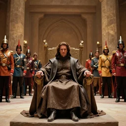 Jodorowsky's Dune movie, cinema still, photo realistic, emperor's throne room with guards, in focus faces, colorful uniforms, wide angle, 8k, cinestill 400t film