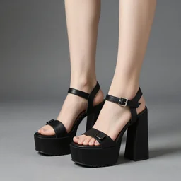woman's feet in black demonia chunky platform sandals, studio light, 8 k