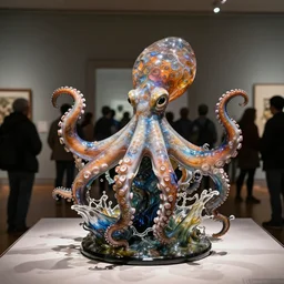 Sculpture, a octopus made of blown glass, elegant, intricate detail, a splash of color, a masterpiece, refracting light, pbr, dramatic, path tracing, refraction. On display in a museum, onlookers gaze at it.