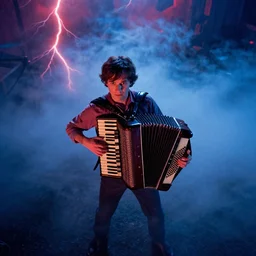 dwight schrute playing the accordion with a vengance, dramatic scene, heavy blue fog, red lightning, ultra wide angle, movie still, photorealistic, stranger things, netflix, upside - down, colorful lighting, grainy, aerial shot, shot from above, movie still