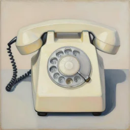 A painting of a rotary dial phone, abstract painting in the style of Sophie Taeuber-Arp and Gary Hume and Tatsuro Kiuchi, flat colour-block style, geometric abstraction, earthy light pastel colours